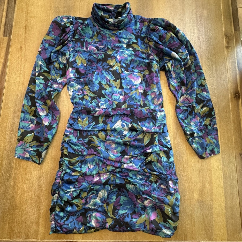 Ronny Kobo Annika Long Sleeve Silk Mini Dress Medium Mock Neck Ruched - Picture 5 of 16